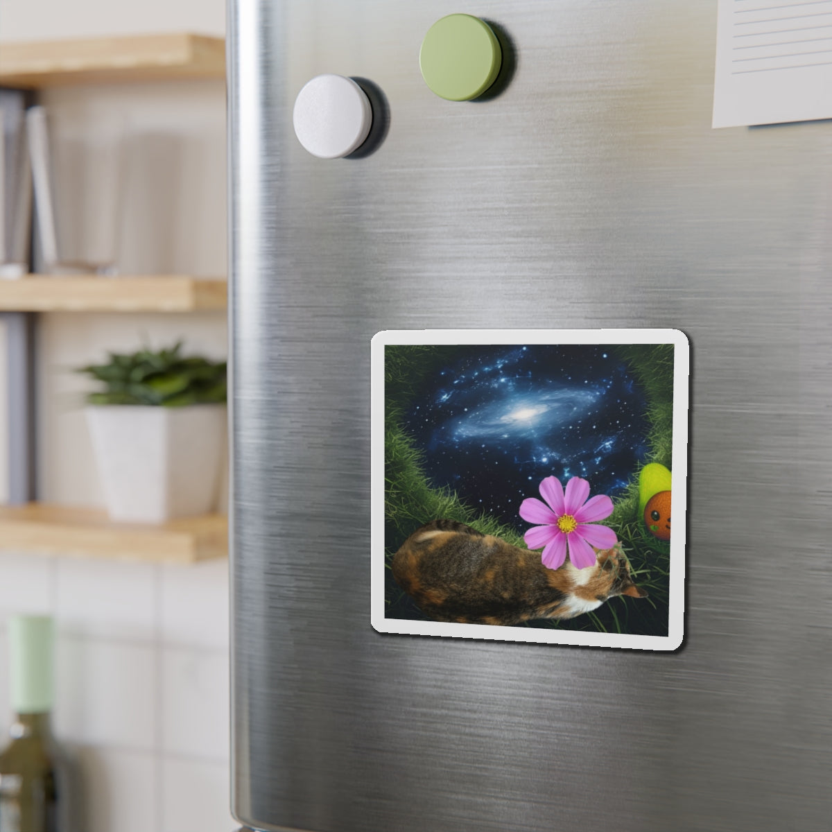 Cillie Interdimensional Nap Sticker\Cosmic Cat Die-Cut Magnet with Flower Design