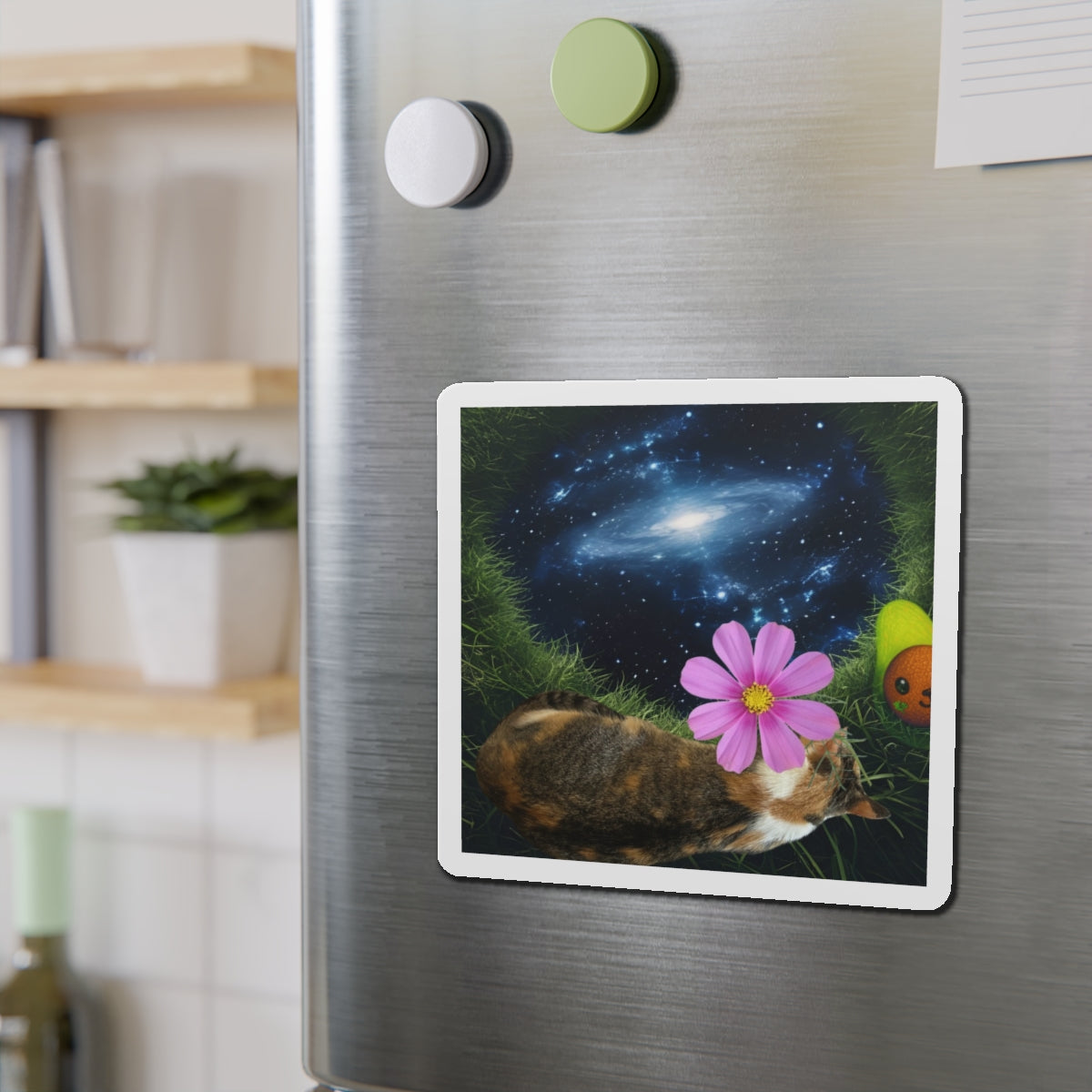 Cillie Interdimensional Nap Sticker\Cosmic Cat Die-Cut Magnet with Flower Design