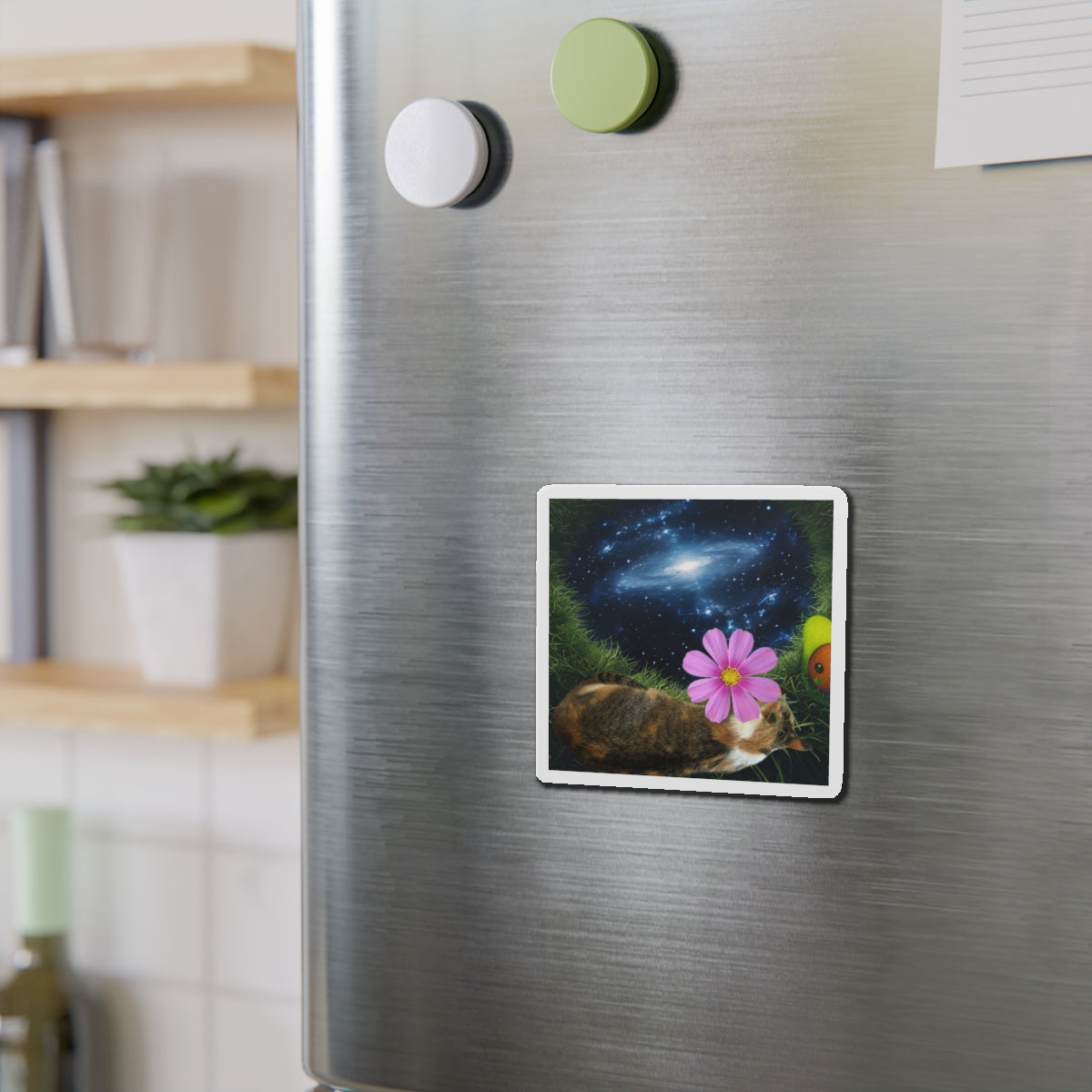 Cillie Interdimensional Nap Sticker\Cosmic Cat Die-Cut Magnet with Flower Design